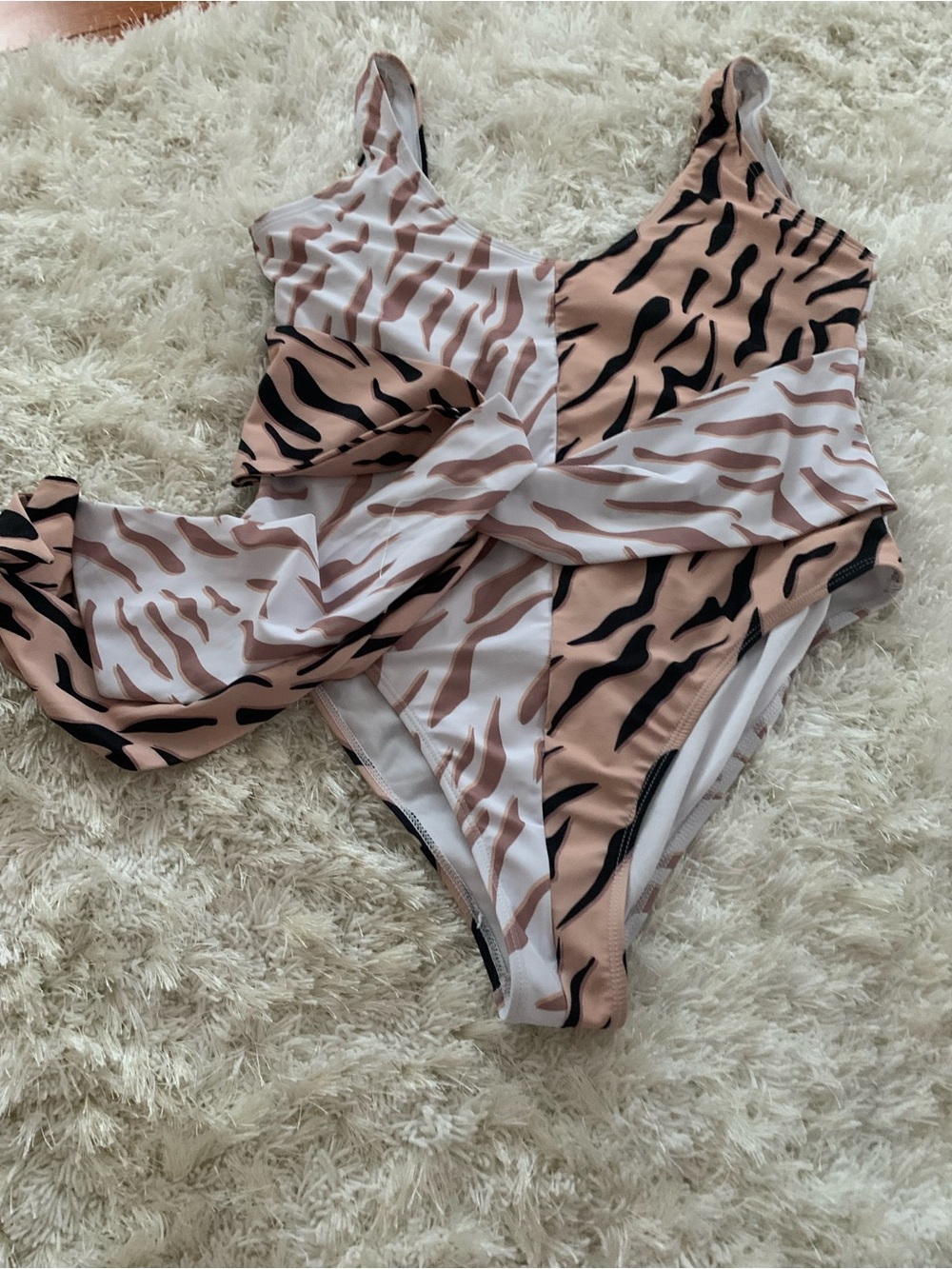Tie-Front One-Piece Swimsuit in Beige Zebra Print